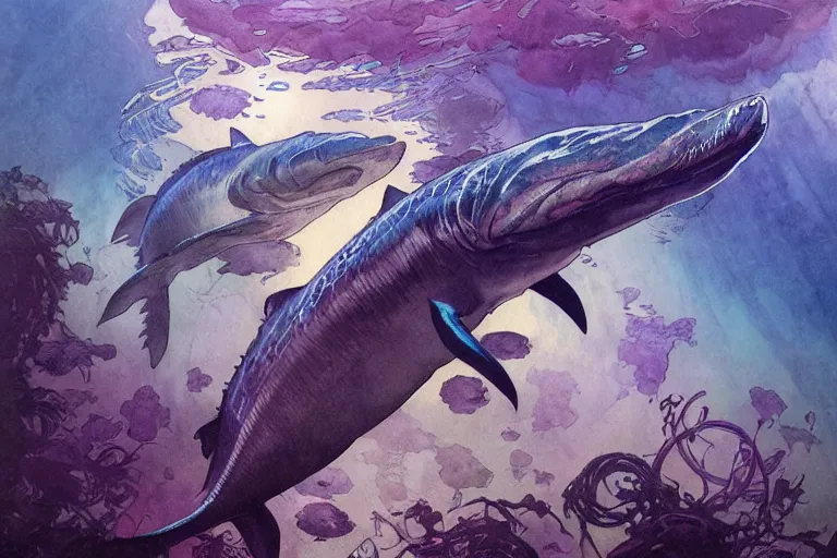 Prompt: an ichthyosaurus swimming among fish in a deep purple and blue ocean of evil intent, water color, art by artgerm and greg rutkowski and alphonse mucha and jin xiaodi and anthony devine