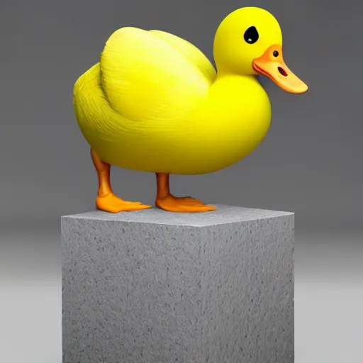 Prompt: a beautiful hyperrealistic 3D render of a sculpture of a yellow bathroom duck displayed in an art gallery, by jeff koons, sculpture, unreal engine, octane render, octane Redner, 3D, brilliantly coloured, intricate, trending on artstation, HDR, polished, ray tracing, 8k