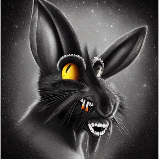 Image similar to A extremely highly detailed majestic hi-res beautiful, highly detailed head and shoulders portrait of a scary terrifying, horrifying, creepy black cartoon rabbit with scary big eyes, earing a shirt laughing maniacally , let's be friends, in the style of a Walt Disney cartoon