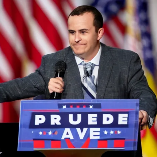 Prompt: a baked potato running for president, wearing a presidential suit and tie, press conference