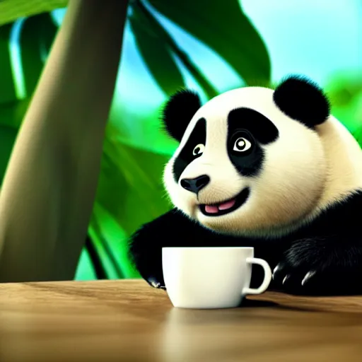 Prompt: a cute panda with big eyes looking at a cup of coffee, bamboos on background. Pixar Disney 4K 3d render funny animation movie Oscar winning trending on ArtStation and Behance. Ratatouille style.