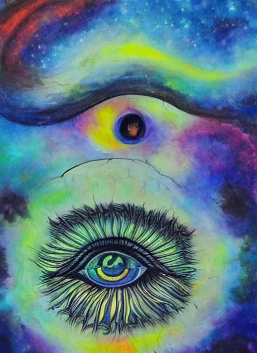 Prompt: a beautiful painting of a single all-knowing eye in a cloudy sky, visionary art, beautiful colors