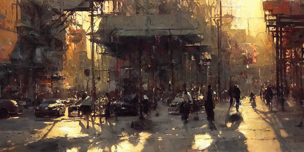 Image similar to street scene, summer time, sunlight, bright colorful, painting by jeremy mann