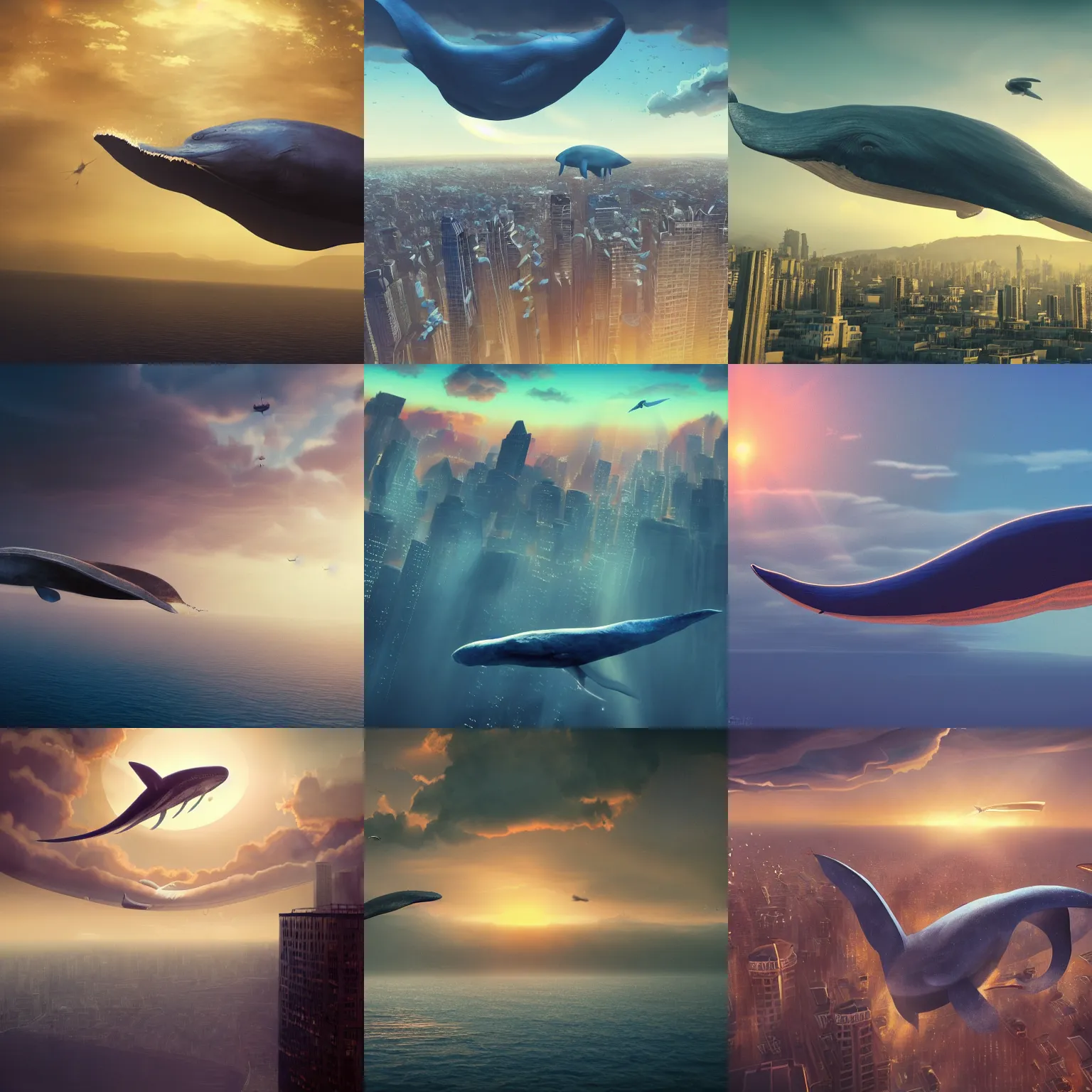 Prompt: a huge blue whale is flying above a city, epic, surreal, cinematic shot, golden hour, artstation, deviantart, dreamy atmosphere, high definition