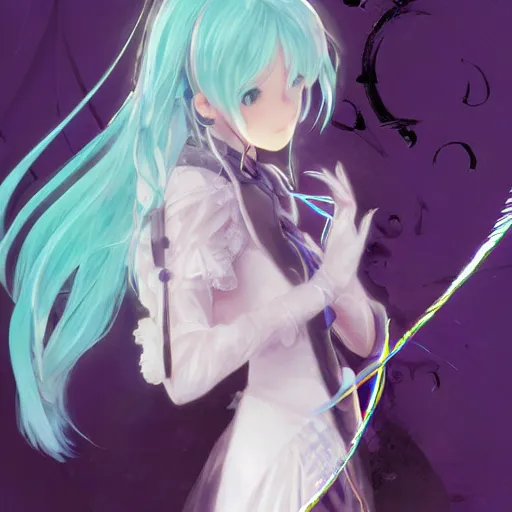 Image similar to clear portrait of anime girl violet evergarden cosplay hatsune miku, black background, light effect, anime style hyper detailed, illustration, bloody, intricate, elegant, digital painting, artstation, smooth, sharp focus, art by artgerm and greg rutkowski and alphonse mucha.