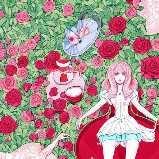 Image similar to Alice in Wonderland at the tea party, surrounded by red and white roses, digital illustration, inspired by Aeon Flux and Japanese shoujo manga, hyper detailed, phantasmagoric, super photorealistic, muted and pastel shades, extremely fine inking lines