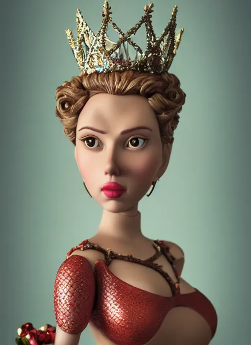 Prompt: closeup face profile portrait of tin toy scarlett johansson as a fairytale princess wearing a crown eating cakes, bikini, depth of field, zeiss lens, detailed, symmetrical, centered, fashion photoshoot, by nicoletta ceccoli, mark ryden, lostfish, breathtaking, 8 k resolution, extremely detailed, beautiful, establishing shot, artistic, hyperrealistic, octane render