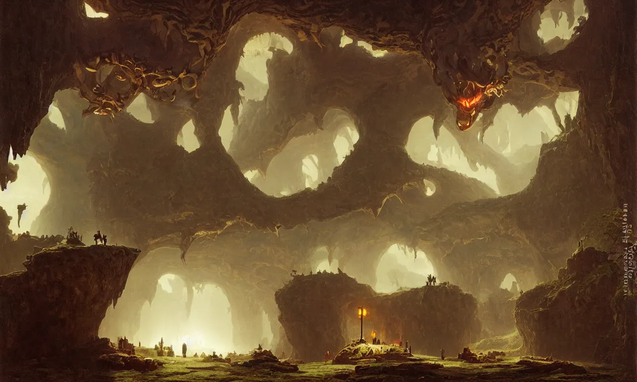 Prompt: A beautiful cave with an arena stage by Simon Stålenhag and Albert Bierstadt, oil on canvas, with a dragon flying above the temples