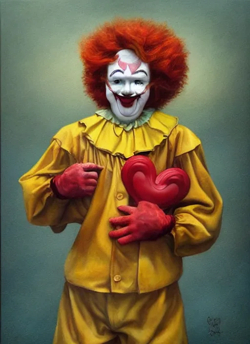 Prompt: beautiful oil painting of ronald mcdonald by chie yoshii, full body portrait, clown, cute, dramatic lighting