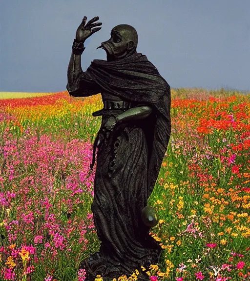 Image similar to mystical black death god figure statue in tall meadow of flowers, film photo, grainy, high detail, high resolution