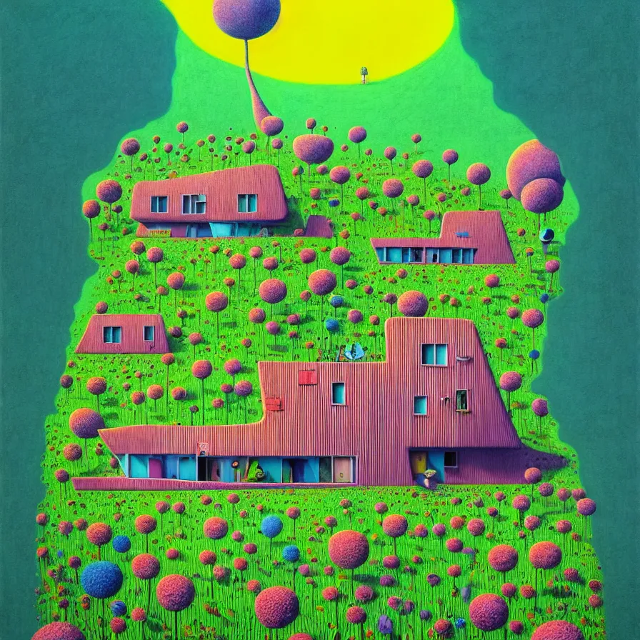 Prompt: surreal glimpse into other universe, house by norman foster, summer morning, very coherent and colorful high contrast, art by gediminas pranckevicius, geof darrow,!!! tove jansson!!!, floralpunk screen printing woodblock, dark shadows, hard lighting, stipple brush technique,