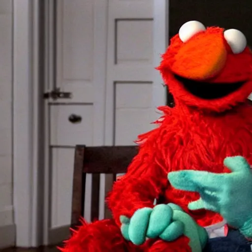 Image similar to elmo has a psychotic break and violently beats kermit to death