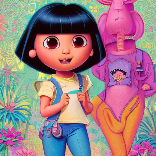 Image similar to dora the explorer as real girl in happy pose, detailed, intricate complex background, Pop Surrealism lowbrow art style, muted pastel colors, soft lighting, 50's looks by Mark Ryden,Yosuke Ueno,Kanjana Khumcruth (Gan),mucha, artstation cgsociety