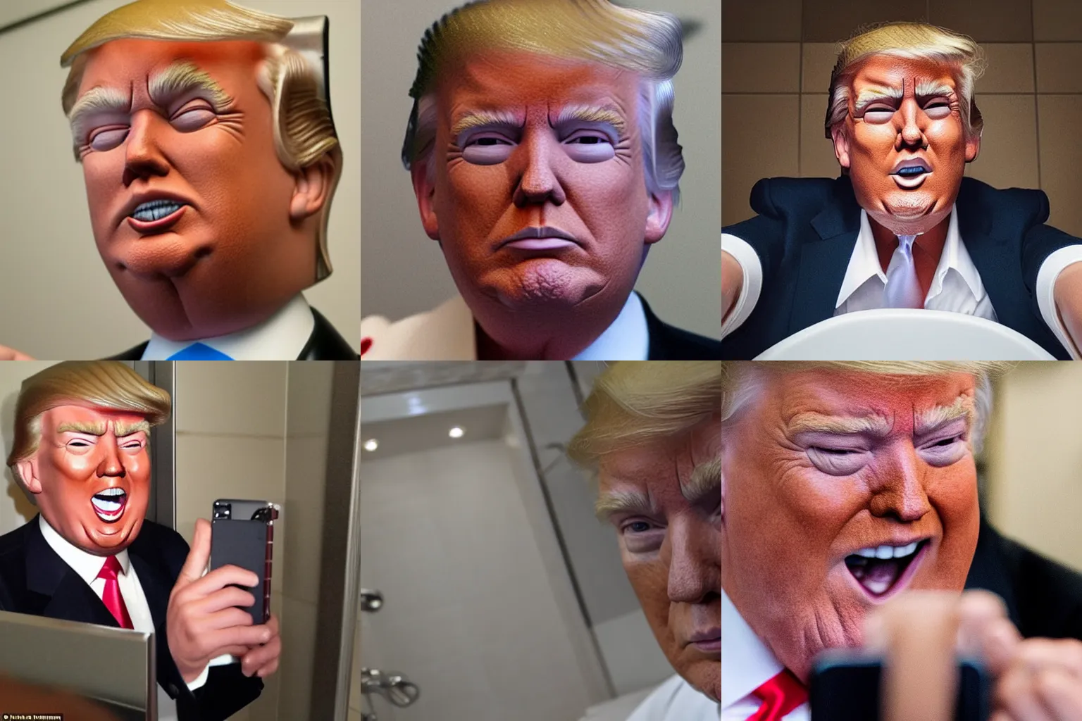 Prompt: a selfie of donald trump in his toilet, extremely happy, highly detailed skin