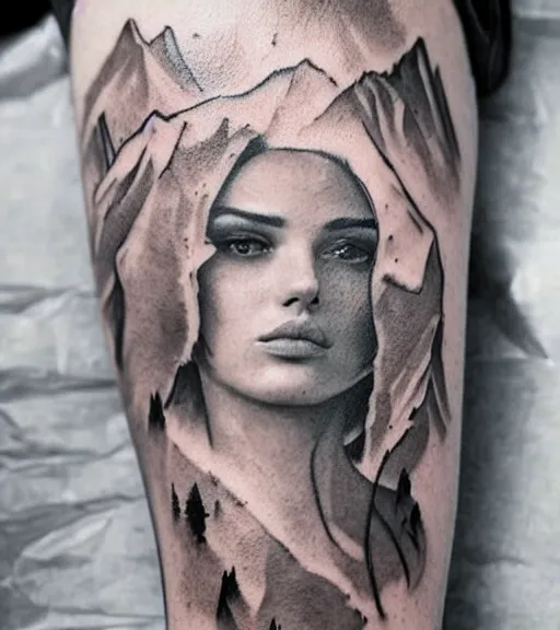 Image similar to tattoo design sketch of a beautiful woman face faded with a background of beautiful mountains and nature, hyper - realistic, in the style of den yakovlev, amazing detail, black and white