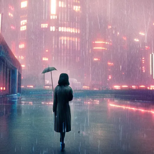 Image similar to ciberpunk city of the future, blade runner style, octane render, digital art, rain, beautiful girl with umbrella wearing a clear raincoat , pink hair, cinematic, 8k, very intricate, 80's, night time,