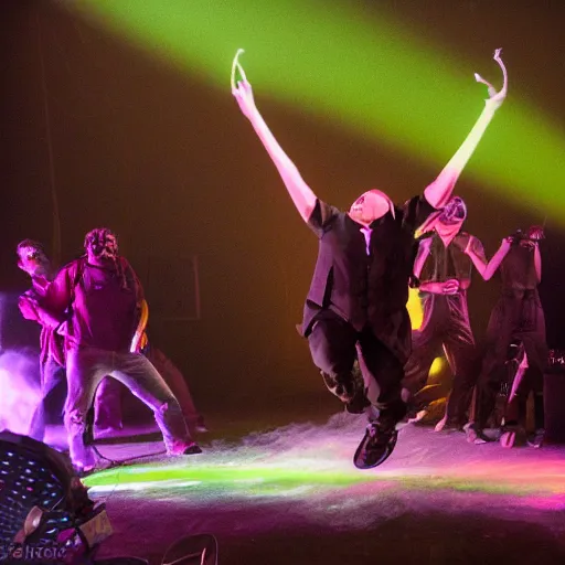 Image similar to Jumping Beetlejuice smashing computers, group of people on stage playing instruments, elaborate stage effects, dust, smoke, giant LED screens, colored projections, ultrafine detail, cybersuit, glowing thin wires, smoke, high contrast, projections, holography, volumetric lighting, cinematography by Jim Jarmusch