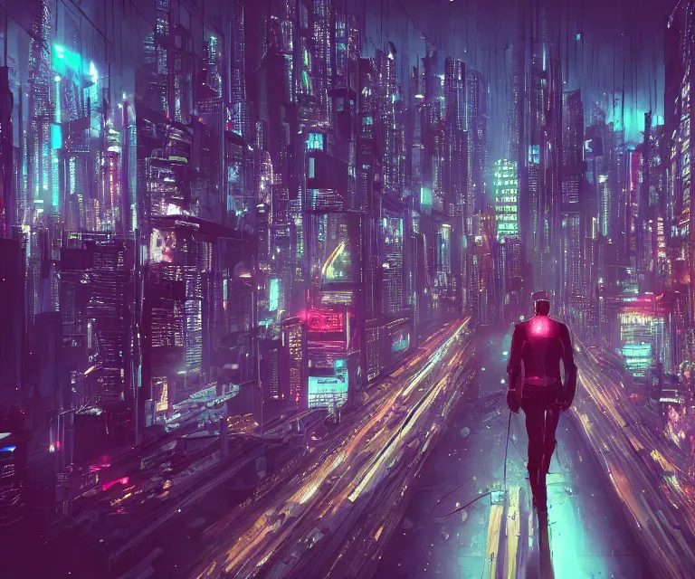 Image similar to a man standing on top of a bridge over a city, cyberpunk art by Vincent Lefevre, behance contest winner, altermodern, cityscape, synthwave, matte painting