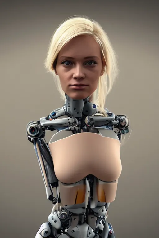 Image similar to robot with human face, female head, full body angle, woman human face, human face realistic, beautiful blonde hair, human head, human head with blonde hair, blonde hair human head, blonde hair, human realistic face, human head skin, cyborg frame concept, cyborg by ales-kotnik, sci-fi android female, the body is made of wires, robotic body, cyborg body, cyborg bust body, robot body cyborg, full body