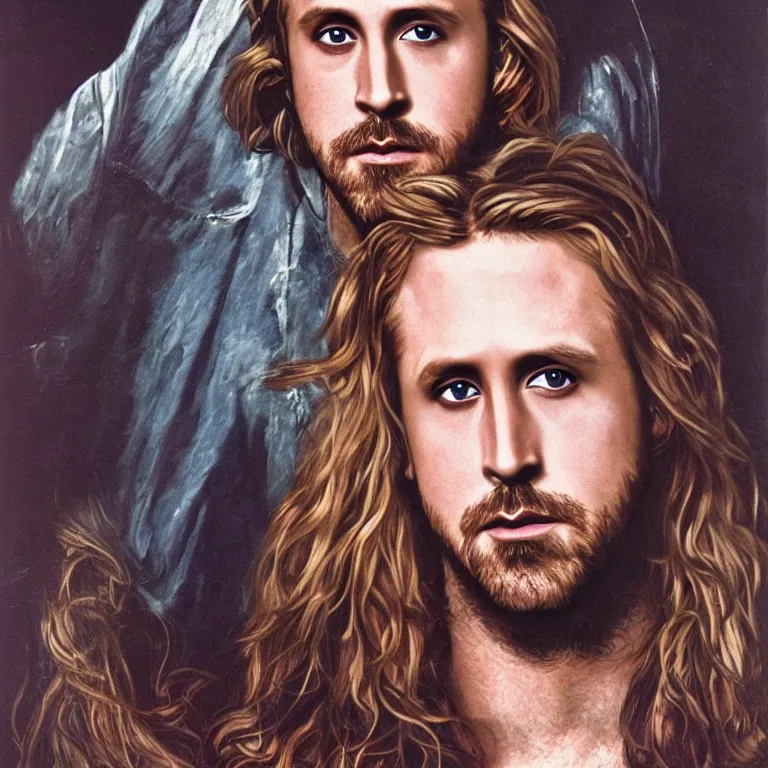 Prompt: Pre-Raphaelite portrait of Ryan Gosling as the leader of a cult 1980s heavy metal band standing on the hood of a muscle car, with very long blond hair and grey eyes, high saturation