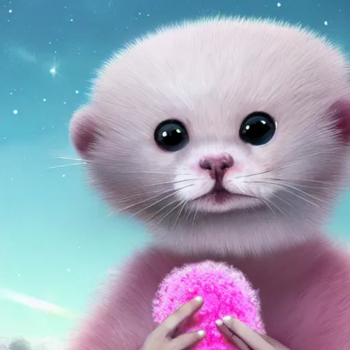 Image similar to white mink with head surrounded by pink circle nimbus made of chromosomes and bacteria matte art hd lilia alvarado 8k starring at camera