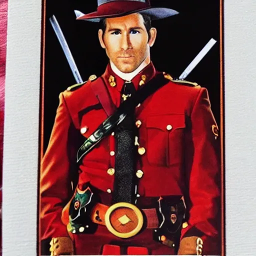 Prompt: tarot card of Ryan Reynolds in a mountie oufit