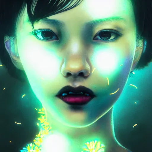 Prompt: terrifying closeup portrait of a beautiful carefree goth girl in tanktop covered in glowing flowers, by katsuhiro otomo, yoshitaka amano, nico tanigawa, artgerm, greg rutkowski makoto shinkai takashi takeuchi rendered with intense 3 d effect reflective shadowing, cinematic lighting, hyperrealistic illustration uhd 8 k