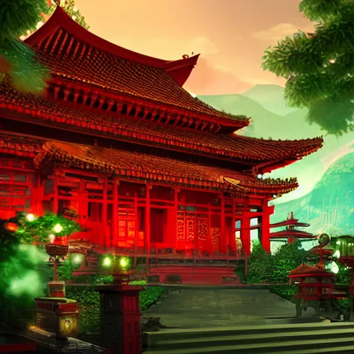 Image similar to a beautiful red asian temple with green details surrounded by torches of blue goblin fire, digital art, 4 k, trending on artstation, devianart and cgsociety