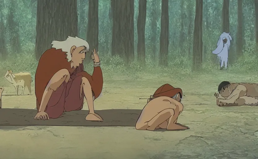 Prompt: a cell - shaded cartoon movie still from princess mononoke ( 1 9 9 7 ) of a golden ufo. a middle eastern imam is kneeling in prayer on the ground. very dull muted colors, hd, 4 k, hq