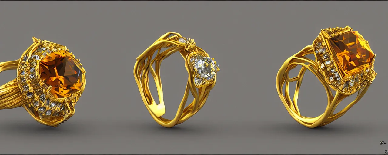 Prompt: simple golden magic crystal ring, gold, smooth, crystal, engravings, diamonds, product design, jewelry, colorful, art by gerald brom, greg rutkowski and artgerm, photo realism, unreal engine, c 4 d