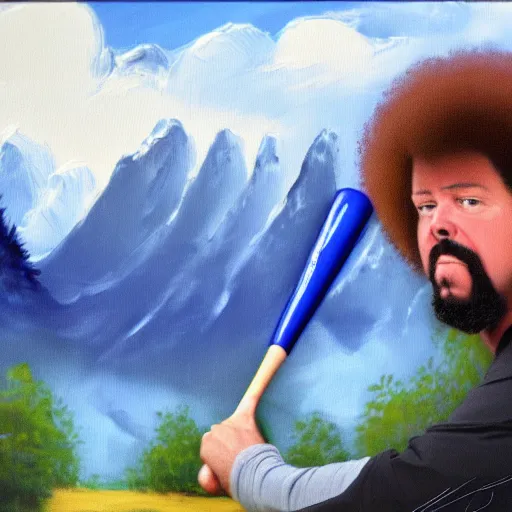 Image similar to a closeup photorealistic photograph of bob ross style kenny powers playing baseball, painting on a canvas. mountains and trees. film still. brightly lit scene. this 4 k hd image is trending on artstation, featured on behance, well - rendered, extra crisp, features intricate detail, epic composition and the style of unreal engine.