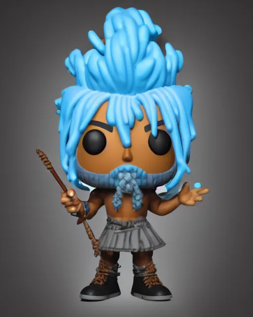 Prompt: full body 3 d render of a blue genasi bearded with dreadlocks as a funko pop!, studio lighting, d & d water priest, blue skin, grey background, black hair, no shadow, blender, trending on artstation, 8 k, highly detailed