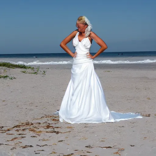 Prompt: White wedding dress on the beach photo