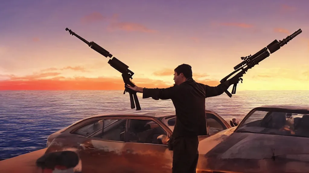 Prompt: a movie still of a man holding a rocket launcher, standing on the roof of a car driving through the ocean at sunset, golden hour, watching a mushroom cloud on the horizon