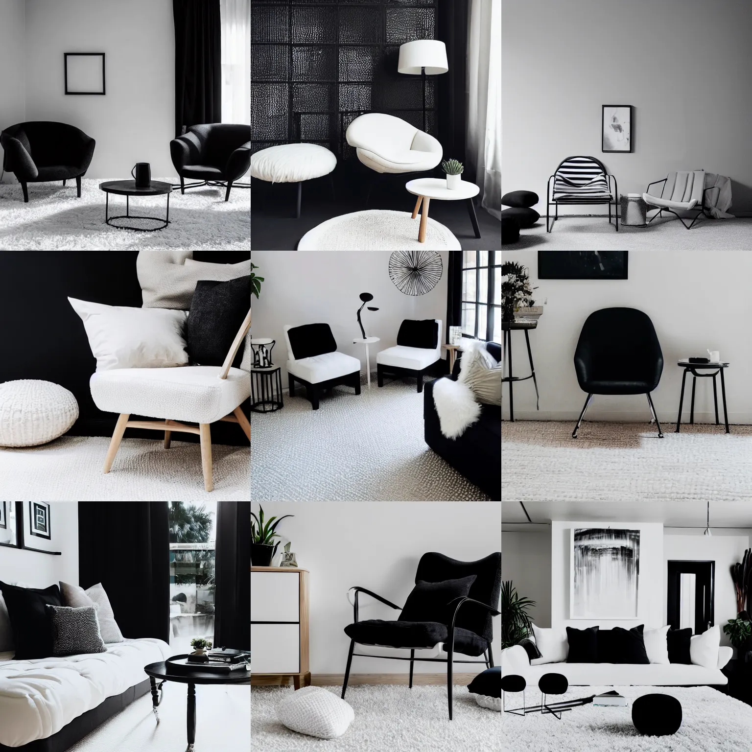 Prompt: photo of a black chair with white cushions in a room on a white carpet