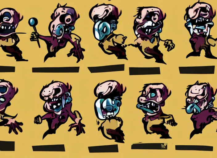 Image similar to sprite sheet of a zombie walking in cuphead, 6 frames, trending on artstation, video game