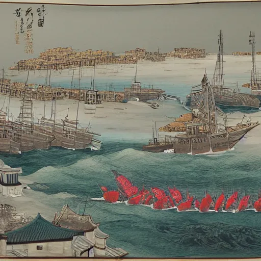 Image similar to a hanging scroll painting of a panorama of a tuna fishing port, by Ma Lin, ink and color on silk, detailed, landscape