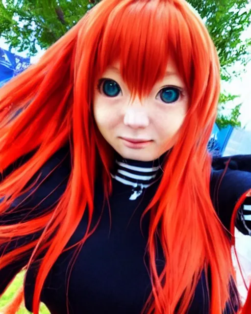 Image similar to asuka langley soryu takes a selfie in real life, asuka langley soryu cosplay, real life photo picture, award winning photograph