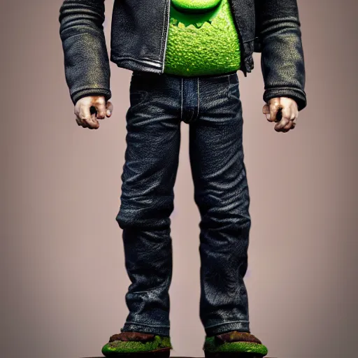 Image similar to perfectly accurate miniature figure of pepe the frog wearing jeans and a black leather jacket, soft textures, skin texture, clothing, 3d sculpture, textured, fine detail, lifelike, photo, high resolution, octane render, post processing, after effects, trending on artstation