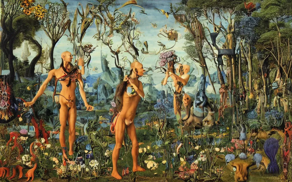 Image similar to photograph of a meditating centaur shaman and a striped catgirl feeding animals. surrounded by bulbous flowers, animals and a few trees. river delta with rock cliffs under a blue sky full of burning stars. painted by jan van eyck, max ernst, ernst haeckel, ernst fuchs and artgerm. trending on artstation, trending on cgsociety