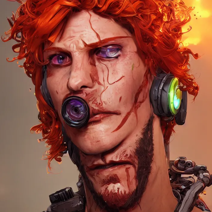 Image similar to cyberpunk portrait of curly orange hair man from borderlands 3, au naturel, hyper detailed, digital art, trending in artstation, cinematic lighting, studio quality, smooth render, unreal engine 5 rendered, octane rendered, art style by klimt and nixeu and ian sprigger and wlop and krenz cushart.