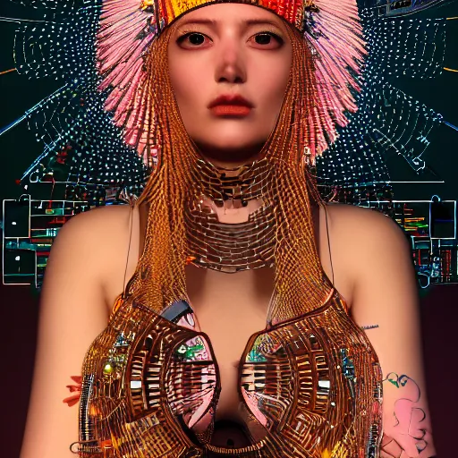 Image similar to give me a higher love, piles of modular synth cables, kawaii puerto rican goddess swimming up wearing a headpiece made of circuit boards, by cameron gray, wlop, stanley kubrick, masamune, hideki anno, jamie hewlett, unique perspective, trending on artstation, 3 d render, vivid