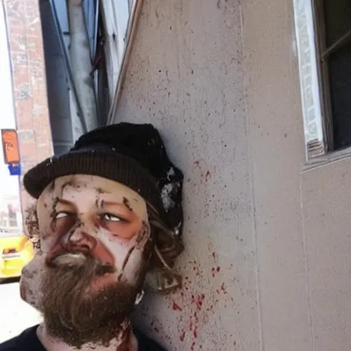 Image similar to homeless justin vernon in portland covered in chocolate stains. photograph.