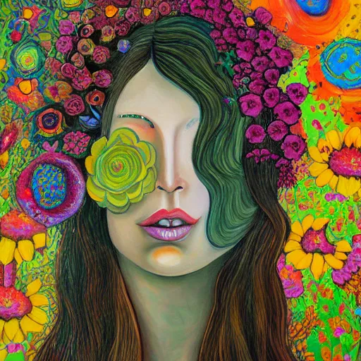 Image similar to a painting of a woman's face surrounded by flowers, a surrealist painting by alice mason, deviantart, psychedelic art, psychedelic, biomorphic, detailed painting