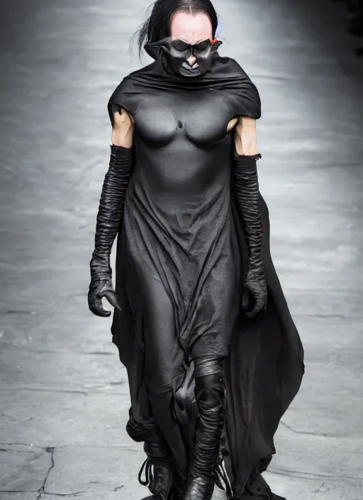 Image similar to hyperrealistic and heavy detailed rick owens avant garde runway show of batman, leica sl 2 5 0 mm, vivid color, high quality, high textured, real life