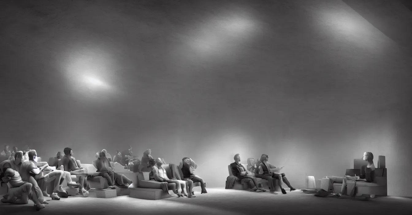 Image similar to human souls sit in cinema and watch warm light of consciousness projecting illusions of the lives on the big screen, deep sense of silence, contrast shading, unreal engine, vray,