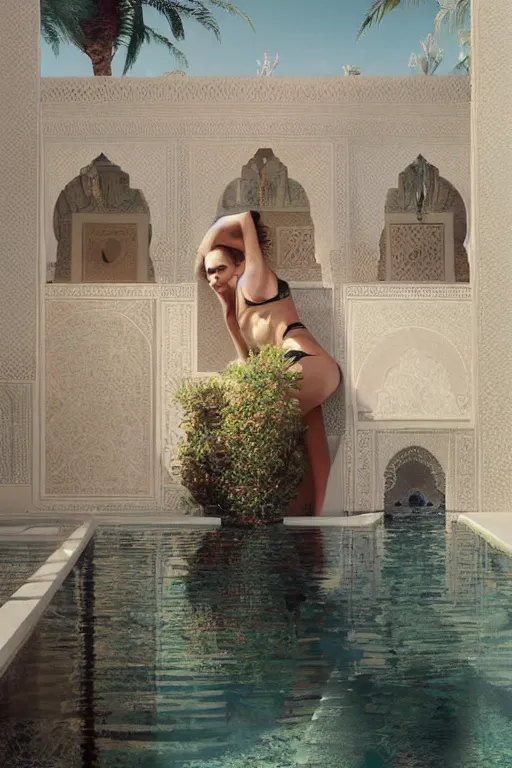 Image similar to Natalie Portman in marrakech Next to the pool,digital art,ultra realistic,ultra detailed,art by greg rutkowski