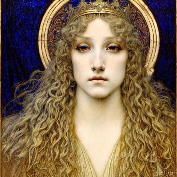 Image similar to detailed realistic beautiful young medieval queen face portrait by jean delville, gustave dore and marco mazzoni, art nouveau, symbolist, visionary, gothic, pre - raphaelite. horizontal symmetry