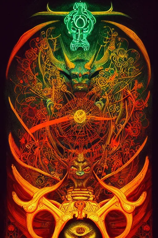 Image similar to the devil, full of color on black paper, symmetrical, forsaken spirits, golden ratio, elements, gold, neon, baroque, rococco, tarot card with ornate border frame, marc simonetti, paul pope, peter Mohrbacher, detailed, occult symbols, satanic ink illustration, by Charles Wess, Jeffrey Jones dynamic lighting