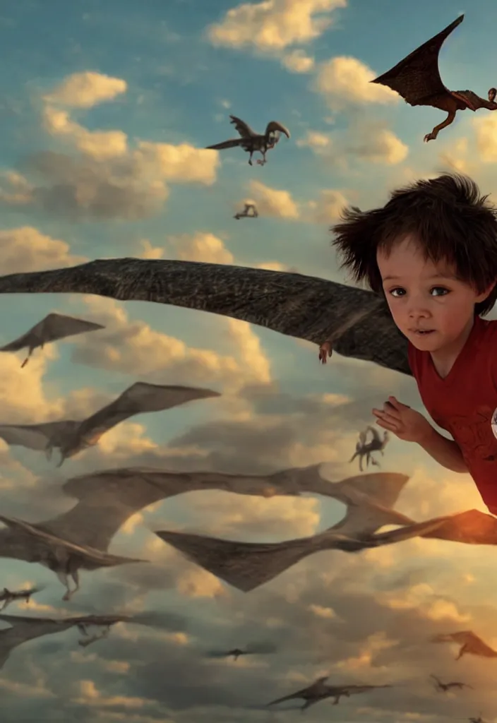 Prompt: a running child looking at a pterodactyle flying in the sky in the style of a movie poster, realistic, super detailed, cinematographic, epic lighting